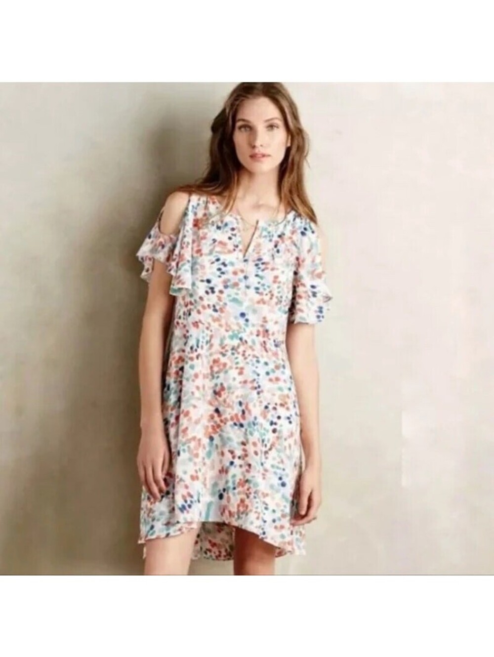 Anthropologie Maeve EUC Women's Watercolor Polka Dot Flutter Sleeve Dress  XL